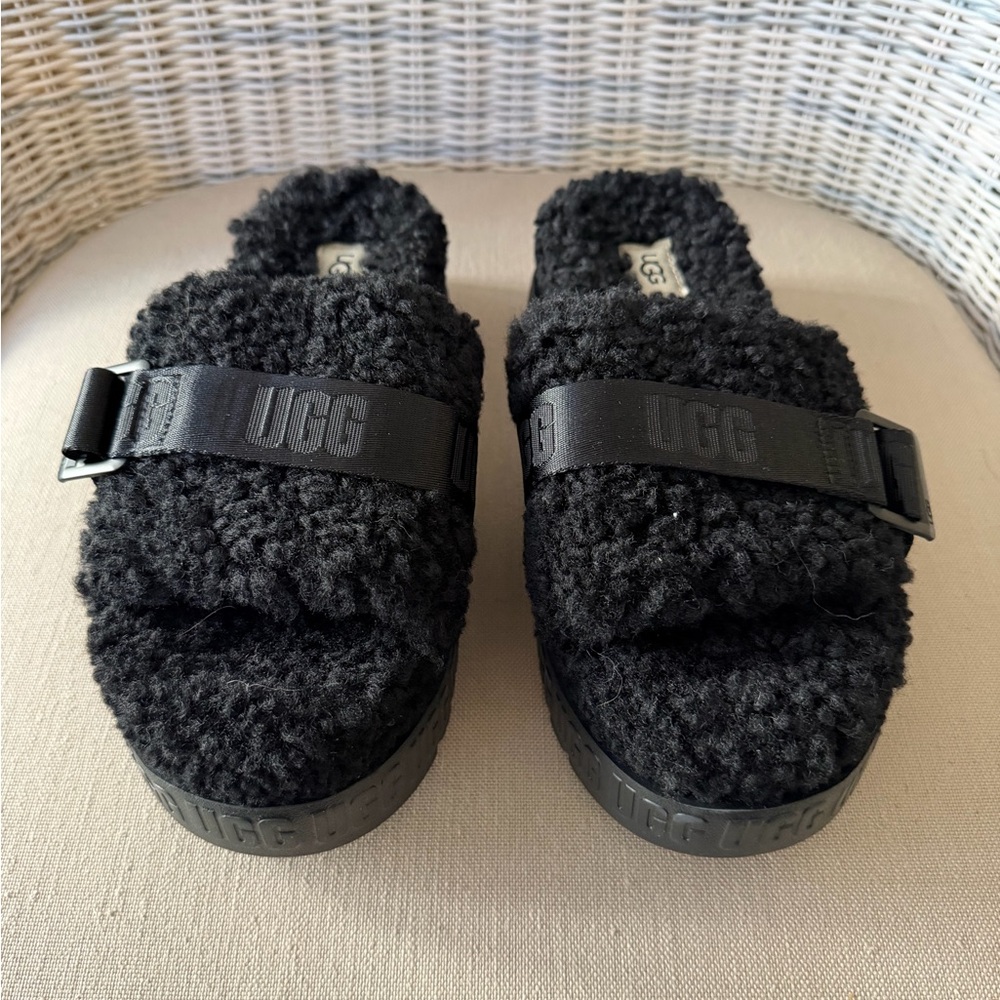 UGG Kids Black Fluffy Slippers
